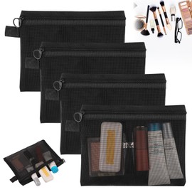 Small Make Up Bag, 4Pcs Cosmetic Bag with Zipper, Black Mesh Makeup Bags, Small Pouch for Women Handbag Essentials, Travel Bag Organiser Pouches for Cosmetics Toiletries,