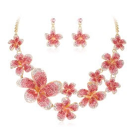 Ever Faith Vintage Flower Jewellery Set for Women, Pink Enamel Rhinestone Crystal Floral Statement Necklace Drop Dangle Earrings Boho Summer Beach Necklaces Sets for Wedding Prom Party