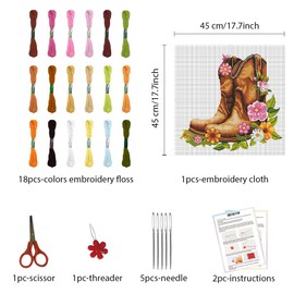 FREEBLOSS DIY Cross Stitch Wall Hanging Kit Boots Full of Flowers Stamped Cross Stitch Wall Painting Retro Style Cross Stitch Home Wall Art Cross Stitch Starter Kit for Beginners with Instruction