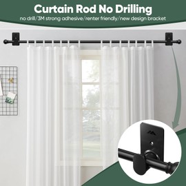 ZNONOX Curtain Rods No Drilling for Windows 30 to 90 Inches,5/8 Inch Diameter No Drill Curtain Rod Set with 3M Adhesive Brackets, Black
