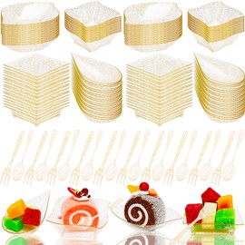 Norcoin 280 Pcs Mini Appetizer Plates with Spoons Forks Set Plastic Square Serving Bowls Dishes Plate Containers for Dessert Candy Salad Appetizer Party Catering Buffet, Gold Glitter, 4 Styles