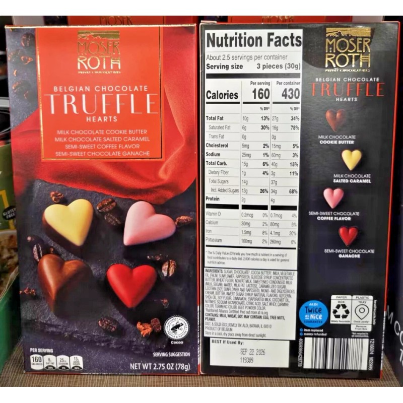Moser Roth Belgian Chocolate Truffle Hearts 2.75oz 78g (2 Boxes)
