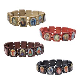 ChungLong0593 4PC Catholic Wooden Rosary Elastic Bracelet Saint Icon Bracelet Virgin Mary Jesus Religious Gifts