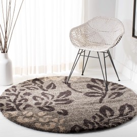 SAFAVIEH Florida Shag Collection SG456 Floral Non-Shedding Living Room Bedroom Dining Room Entryway Plush 1.2-inch Thick Area Rug, 4' x 4' Round, Smoke / Dark Brown