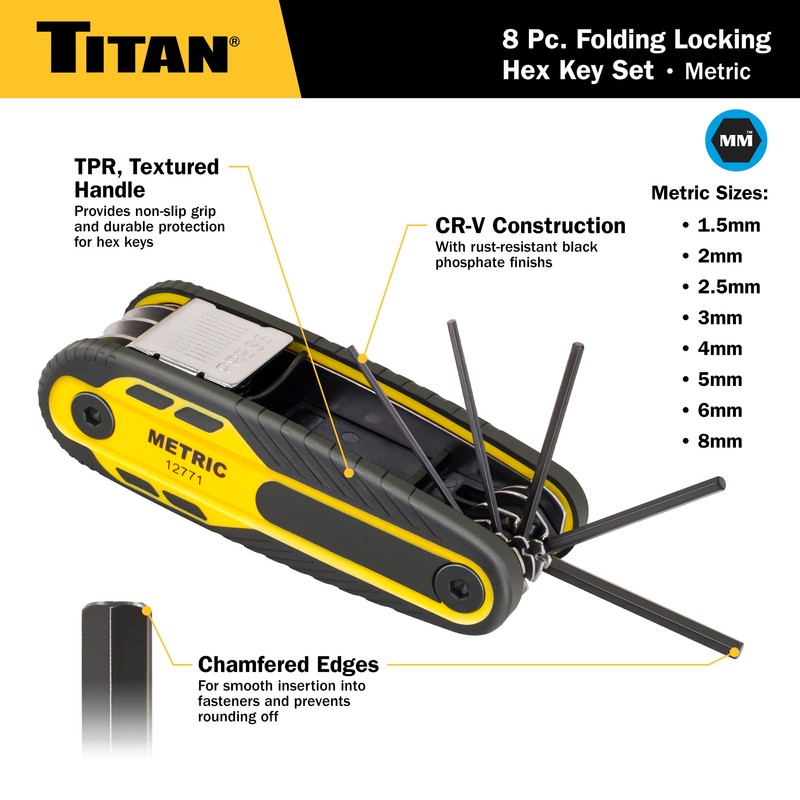 Titan 12771 8-Piece Metric Folding Allen Wrench Set, Locking Hex