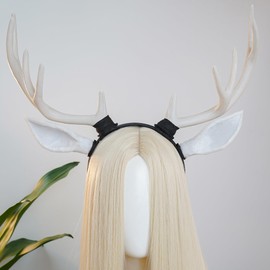 MOSTORY Deer Ears Antlers Headband - White Antler Horns Headband with Ears for Adult Cosplay Photo Shoot, Reindeer Antler Headpiece for Women Deer Costume Renaissance Renfaire