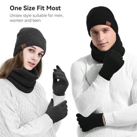 OZERO Winter Beanie Hat Scarf Gloves: Warm Knitted Beanie Hat Scarf and Gloves Set Thermal Fleece Lined Mens Winter Hat Neck Warmer with Touchscreen Gloves for Men Women-Black, One Size