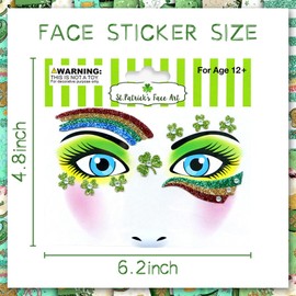 Totelux St Patricks Day face Stickers Shamrock Glitter Tattoos Green Clover Face Tattoos with Gems Eye Body Fake Temporary Tattoo for Adult kids Makeup St Patricks Day Decoration Parade Party Supplies