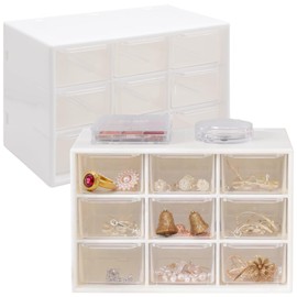 Cisolen 2Pcs Mini Plastic Drawer Organiser 9 Compartments Drawer Storage Containers Removable Stackable Clear Detachable Desktop Art Craft Storage Box Caddy for Tools Sewing Hair Accessories