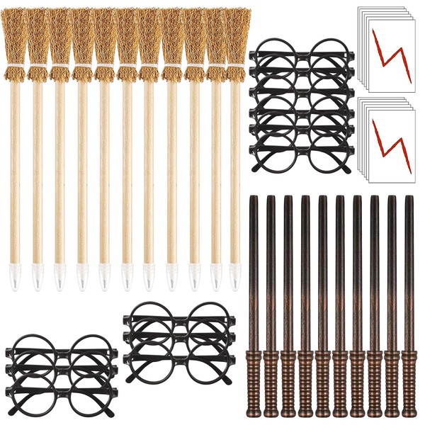 RYAN 48 Pieces Magic Wand Pencils and Broom Set with Magicians Glasses and Lightning Tattoos for Magic Evening Party Decor Halloween Gift Party School Rewards (12 of Each)
