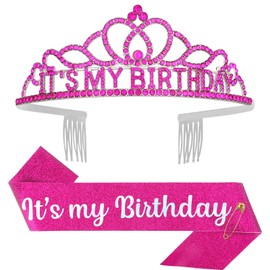 Araluky Hot Pink Birthday Crown Adult Woman & Its My Birthday Sash for Women Birthday Tiara for Women Birthday Hat Birthday Girl Crown Pink Crown for Women Parties Favors Pink Birthday Decorations