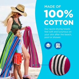 Kaufman - 100% Cotton Multicolored Striped Beach Towels | Absorbent, Quick Drying, Oversized (34 x 64) Lightweight, Durable - Pool, Camping & Picnics (Red, Green, Orange, Blue)