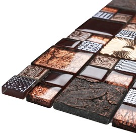 Blujellyfish Red Wine Colors Glass Tile 2'' x 2'' Leaf Carving Imprints Antique Mosaics Textured Rose Gold Metal Kitchen Bathroom Walls Backsplash Tiles (Pack of 5 Square Feet)