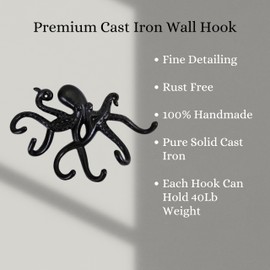 AYZCORP Set of 3 Cast Iron Octopus Shape Coat Hooks Wall Art Decor-Octopus Shape Hangers and Key Holder-Clothes Rack and Backpack Hanger-Coat Hooks Home Decor for Storage,Living Room