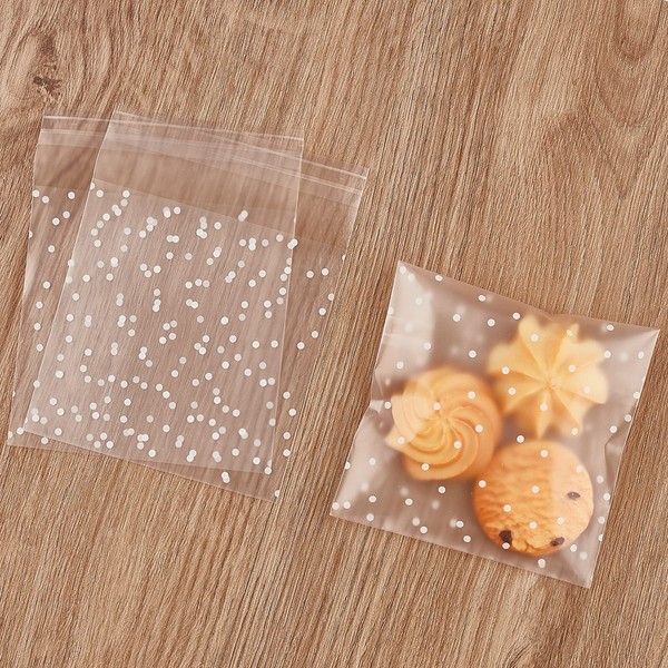 300PCS Cookie Bags Self Adhesive Clear Plastic Cellophane Treat Bags for Candy Pastry Packaging Christmas Party Favor Gift Giving (White Polka Dots, 4 x 4 inches)