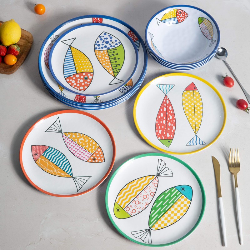 Gofunfun Melamine Dinnerware set for 4, Plates and Bowls Sets,