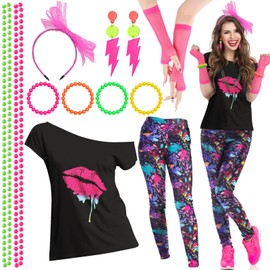 GEROPHOR 11 Pcs 80s Outfit Costumes for Women, off the shoulder 80s tops for women 90s Tops Shirts Costumes Christmas Gifts