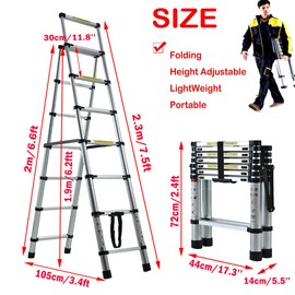 Multi-Purpose Folding Ladder 2M/2.3M, Folding Step Ladder Aluminum Ladder Multi-Position 6/7 Steps Adjustable A-Frame Stepladder with Handrails & Safety Lock, 330lbs Capacity
