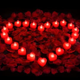 Amagic 2000 Pieces Red Artificial Rose Petals with 24 Red Heart LED Tea Lights, Rose Petals and Candles Set for Proposal, Anniversary, Valentine's Day, Romantic Night, Wedding Decor