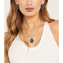 DOLIOX Native American Style Genuine Turquoise Necklace Jewelry for Women 925 Sterling Silver Squash Blossom Western Pendant for Her Wife Mom