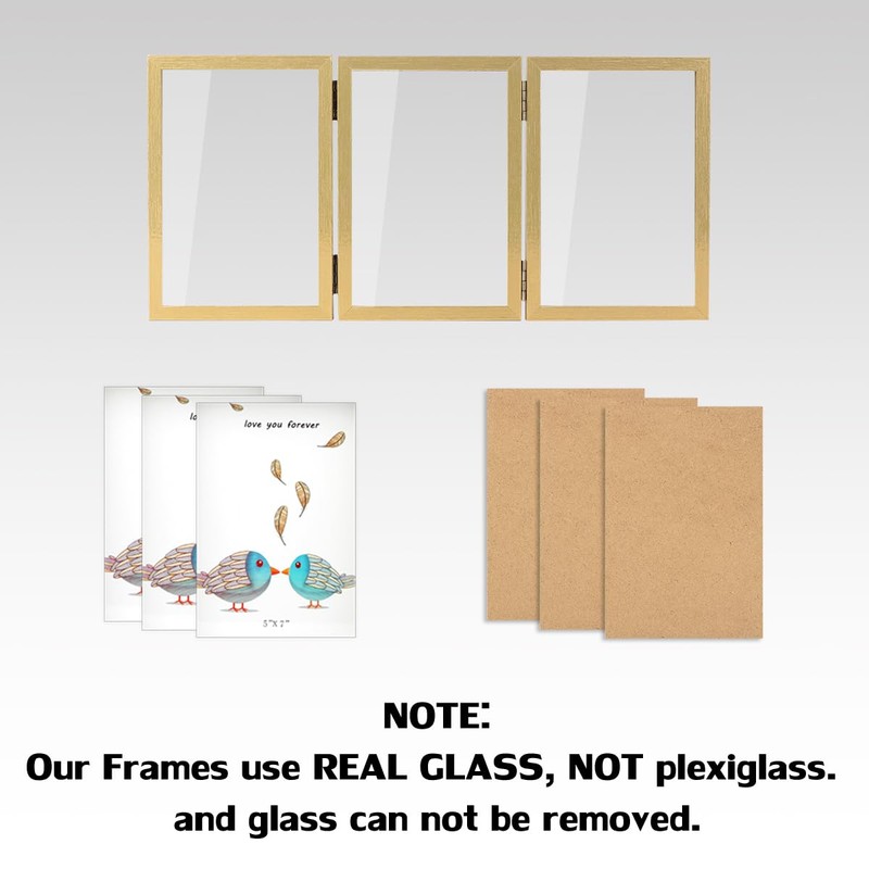 3 Picture Frame 5x7 Golden Triple Hinged MDF Wood with