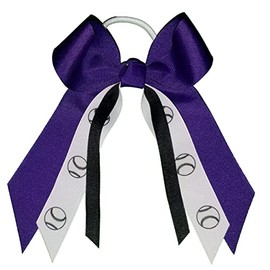Softball Small Hair Bow, Made in the USA, white pony band, many colors, (Purple w/black)