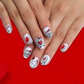Valentines Day False Nails Love Story Cartoon Fake Short Almond Nails with Design Jelly Glue Swirl Acrylic Press on Nails Artificial Nails for Women Girls Nail Decorations 9128