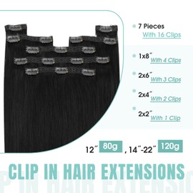 YoungSee Clip in Human Hair Extensions Black Clip on Hair Extensions Real Human Hair Jet Black Clip in Remy Hair Extensions Silky and Smooth Hair Extensions Clip in Human Hair 120G 20Inch 7Pcs