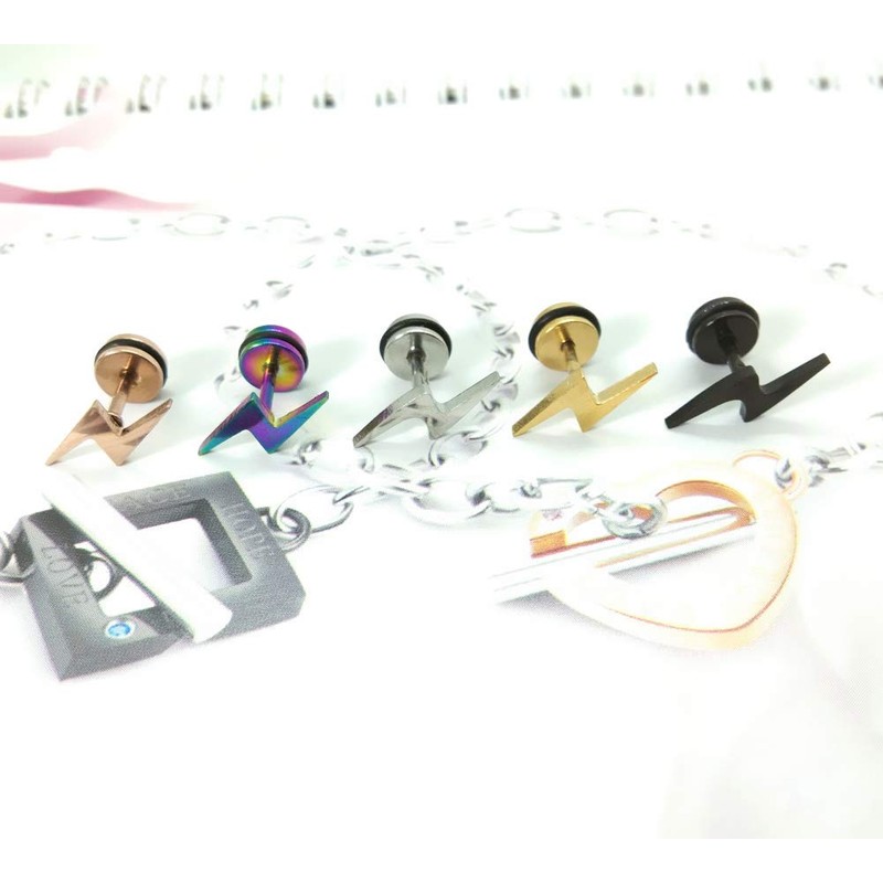 Screw Flat Back Black Lightning Bolt Stud Earrings for Women