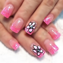 MIXFOSAHN Flower Press on Nails Medium Square Fake Nails Pink Glitter False Nails with Gradient Designs Wild Flower Glossy Stick on Nails Glue on Nails Spring Acrylic Nails for Women Girls 24 Pcs