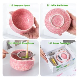 TEANAGOO Matcha Whisk Set,7 Pcs Matcha Set Pink,Ceremony Matcha Kit,Matcha Tea Set for Making Latte,Ceramic Bowl(chawan) whith Spout and Whisk,Gift for Matcha Lovers