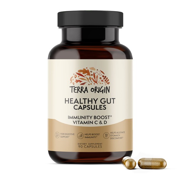 TERRA ORIGIN Healthy Gut Capsules with Immunity Boost | 90 Capsules | Digestive Support Including intestinal Permeability, IBS, Bloating, Gas and Constipation* 30 Servings/90 Capsules.