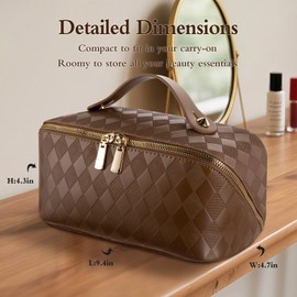 Abiudeng Travel Makeup Bag Large Capacity for Travel Essentials Open Flat Makeup bag Organizer with Divider and Handle-Rhombus Brown