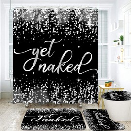 4 Piece Black Get Naked Shower Curtain Set Bath Decor Glitter Diamond Shower Curtain Modern Fashion Bathroom Decor Shiny Bling Curtain with Rugs, 12 Hooks for Girls Women Toilet Decorative Accessories