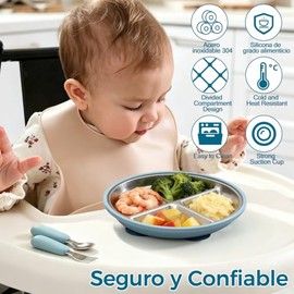 Platos de Acero Inoxidable para Bebe, Set de Alimentación para Bebé | Con Ventosa,Carcasa exterior Desmontable, Apta para Que los Niños Pequeños se Al