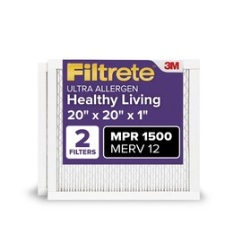 Filtrete 20x20x1 AC Furnace Air Filter, MERV 12, MPR 1500, CERTIFIED asthma & allergy friendly, 3 Month Pleated 1-Inch Electrostatic Air Cleaning Filter, 2-Pack (Actual Size 19.69x19.69x0.78 in)