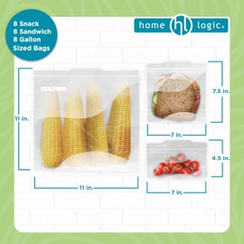 Home Logic Reusable Bag Combo Pack – 24 Leak Proof Food Storage Bags for Snacks & More – 8 Gallon Bags, 8 Sandwich Bags & 8 Snack Bags