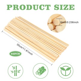 50Pcs Natural Round Wood Dowel Rods, 30cm x 6mm Unfinished Wooden Sticks, Round Woodcraft Sticks, Building Model Wood Craft Sticks, Bamboo Stick Rod Arts Props for DIY Projects Decorations