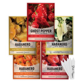 Gardeners Basics, Hot Pepper Seeds for Planting Ghost Habanero - 5 Varieties Pack Ghost Pepper Seeds, Red, Orange, Yellow, White Habanero Seeds for Planting in Garden Non GMO, Heirloom Peppers Seeds