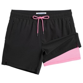MaaMgic 5" Mens Swim Shorts with Compression Liner 4-Way Stretch Bathing Suit Swimming Shorts with Pockets,5.5 Black Pink,M