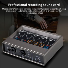Audio Interface Recording XLR Audio Interface DSP Reverb 48V Phantom Powered Sound Card 16 bit/48kHz Resolution Plug and Play Music Recording Online Karaoke Vocal Recording, Black