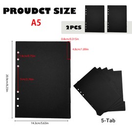 DY.2ten A5 Binder Dividers for 6-Holes Ring Binder, 1/5 Cut Tabs, Pack of 2 Sets (10pcsTotal), Sturdy Black Paper, for School Office Home