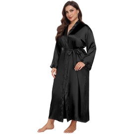 Women's Plus Size Satin Kimono Robes Long Silky Bathrobe Wedding Getting Ready Sleepwear Loungewear, Black, 4X