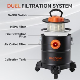 BACOENG Ash Vacuum for Pellet Stoves, Fireplace Ash Vac 5.2 Gallon 1200w with Double Stage Filtration System, Ash Vacuum Cleaner for Fireplaces, Wood Stove, Pellet Grill