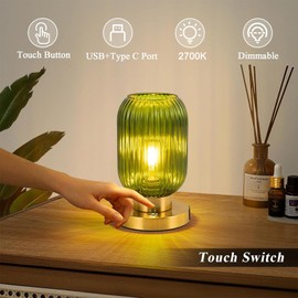 JERANDO Glass Table Lamp, Modern Gold Table Lamp, Vintage Bedside Lamp with USB C+A, Mid Century Small Globe Nightlight Lamp for Bedroom Living Room Office (10.24in)