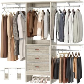 Cyclysio 5FT Wooden Closet System with 3 Fabric Drawers, 19-59 Inches(cut to fit) Sturdy Walk In Closet Organizer System With 3 Adjustable Shelves - Color: White Oak