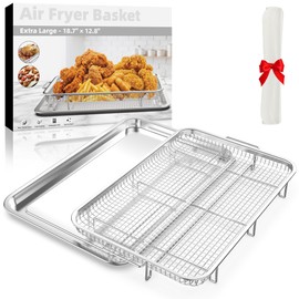 Air Fryer Basket for Oven, Extra Large 18.8" x 12.8" Oven Air Fryer Basket and Tray Set with 30 PCS Parchment Papers, Stainless Steel Air Fryer Pan and Crisper Tray (Silver)