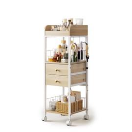 DongRong Makeup Organizer Cart, Rolling Floor Skincare Organizer and Storage with 2 Wooden Drawers, Cosmetics Display Cases Holder for Skin Care Perfume Hair Tools Nail Polish