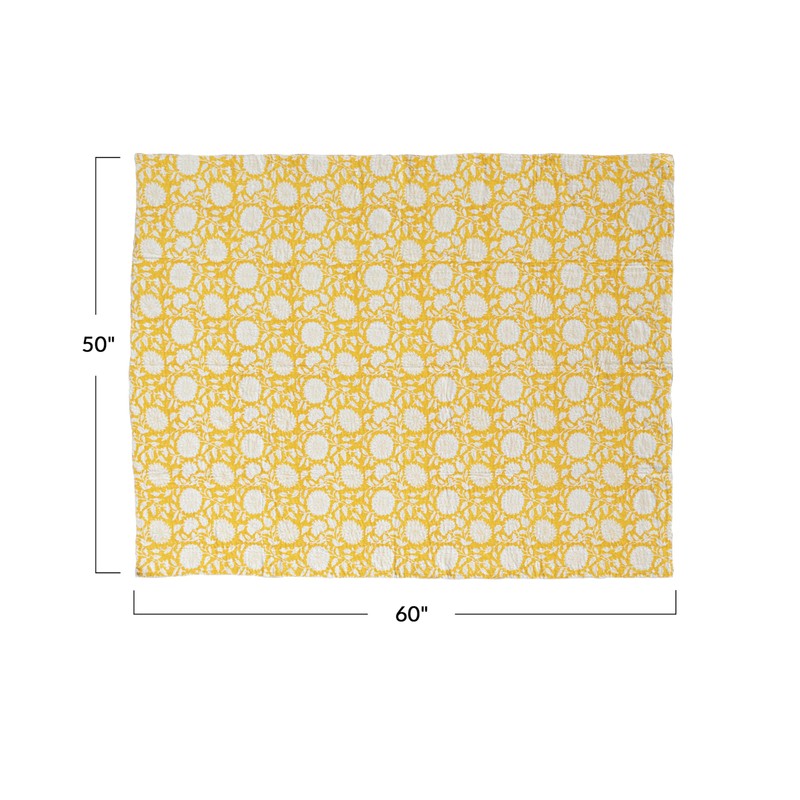 Creative Co-Op Block Print Cotton and Linen Throw, Yellow