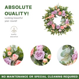 TEMPUS 22" Spring Wreath for Front Door - Purple Pink Peony & Silk Rose Wreath with Lamb's Ear Leaves, Farmhouse Floral Door Decor for Spring Summer